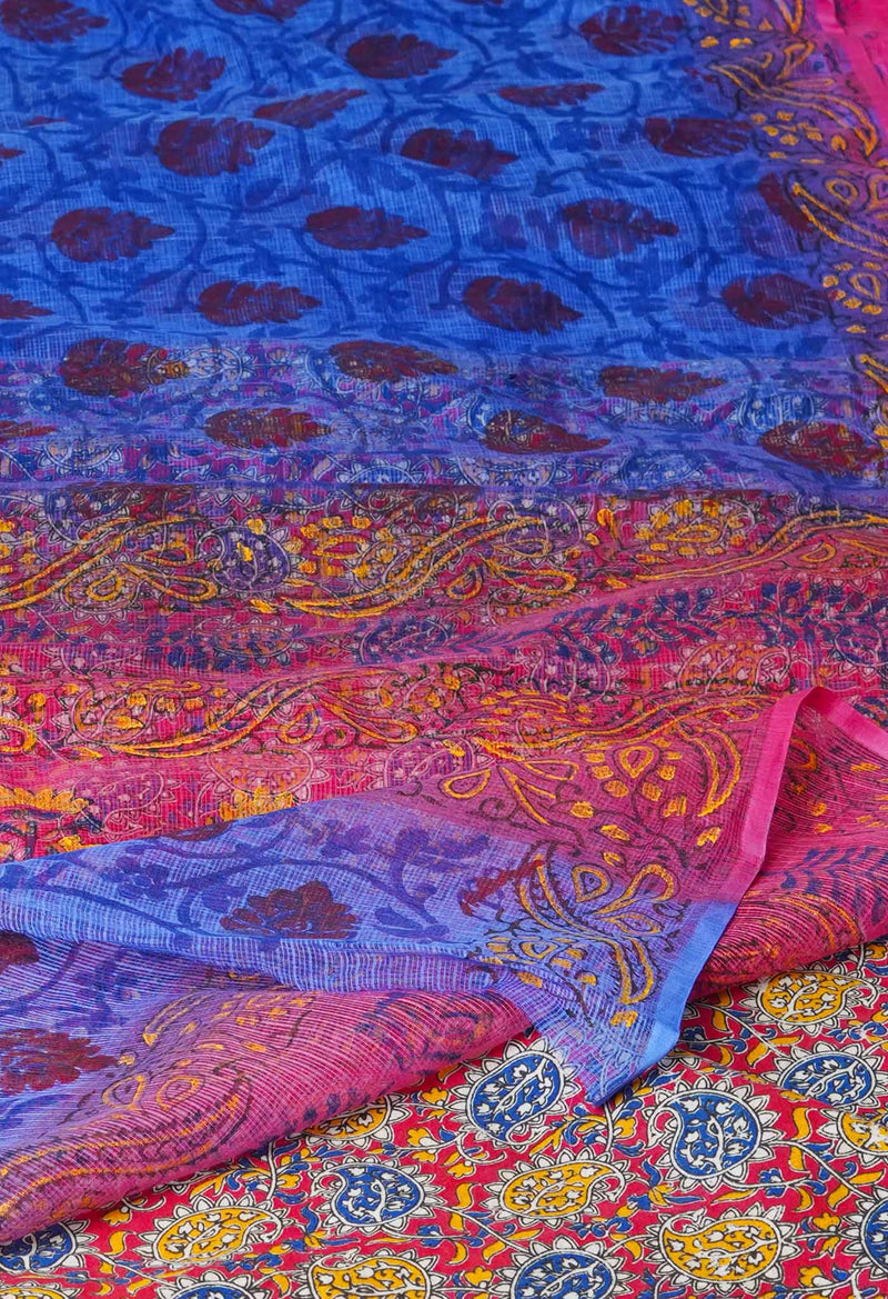 Blue Pure Block Printed  Kota Cotton Saree With Kalamkari Blouse Piece-UNM72979