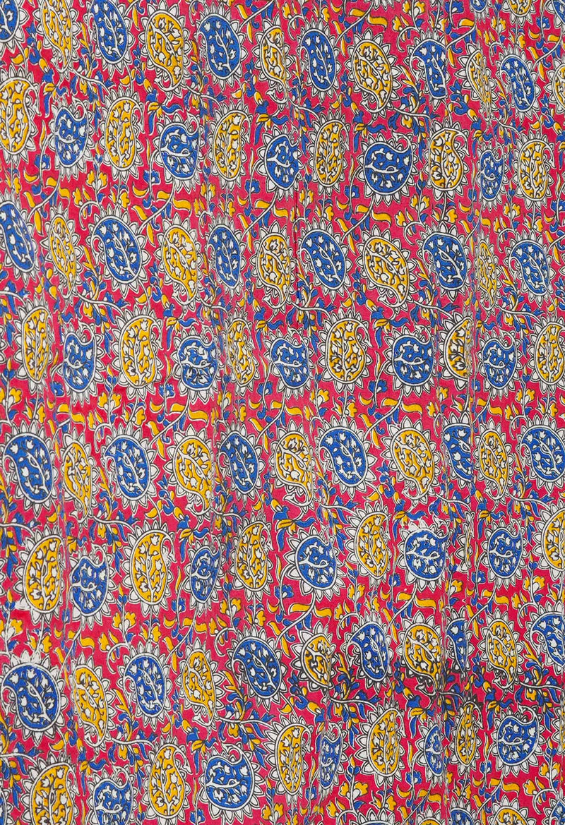 Blue Pure Block Printed  Kota Cotton Saree With Kalamkari Blouse Piece-UNM72979