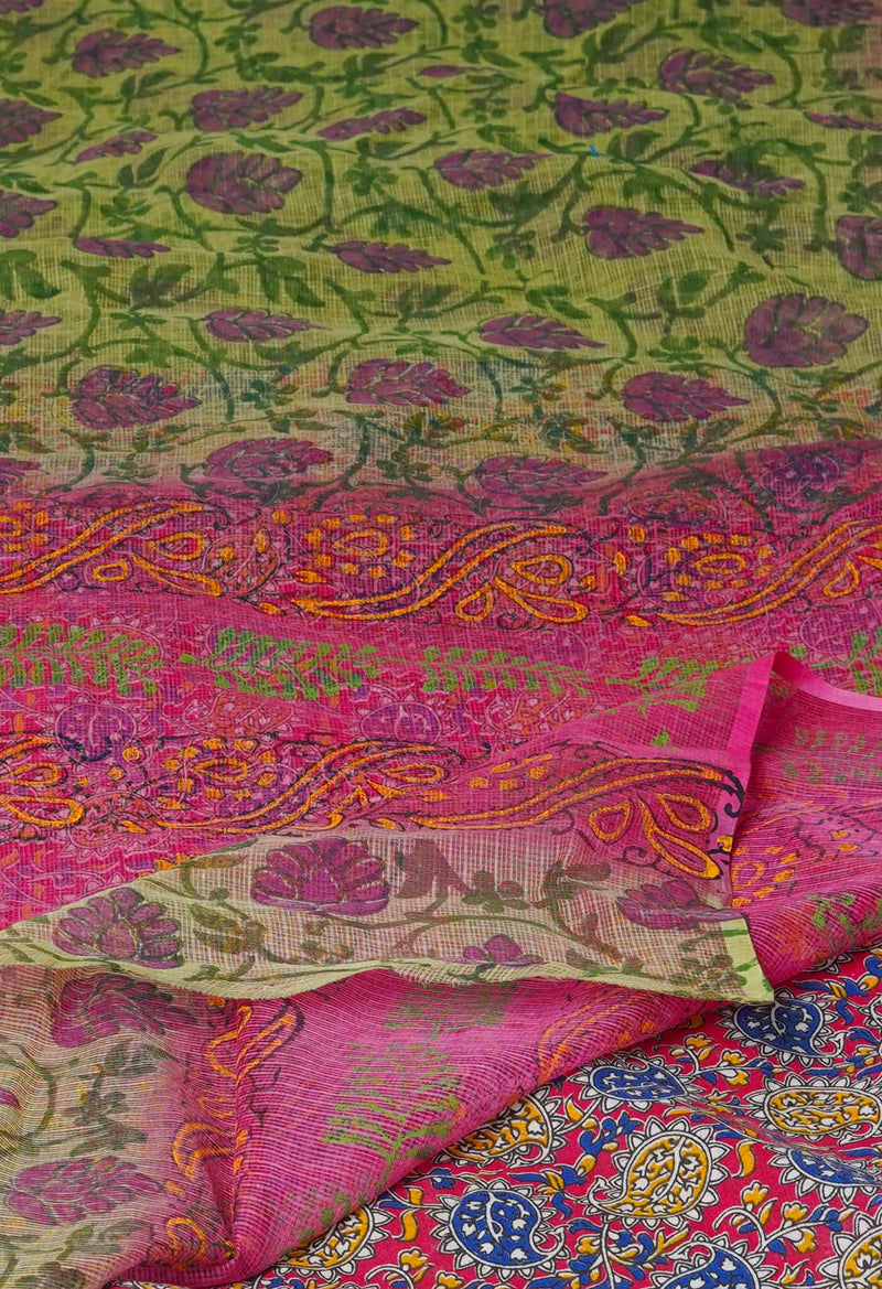 Green Pure Block Printed  Kota Cotton Saree With Kalamkari Blouse Piece-UNM72980