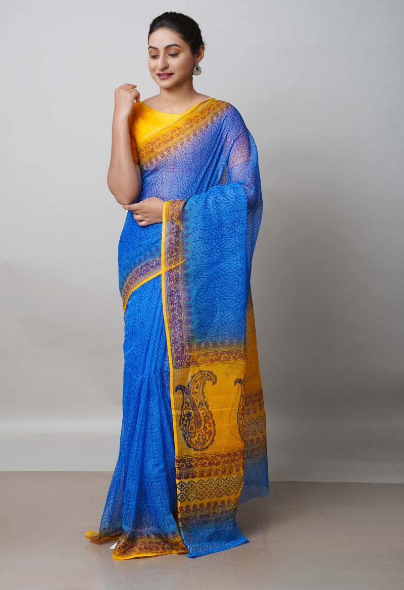 Blue Pure Block Printed  Kota Cotton Saree With Kalamkari Blouse Piece-UNM72982