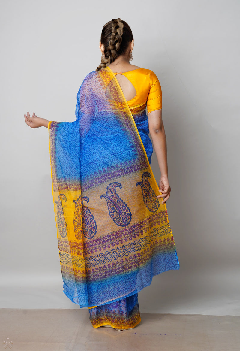 Blue Pure Block Printed  Kota Cotton Saree With Kalamkari Blouse Piece-UNM72982