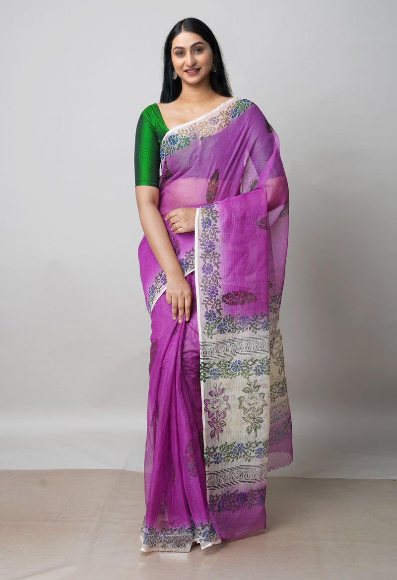 Purple Pure Block Printed  Kota Cotton Saree With Kalamkari Blouse Piece-UNM72983