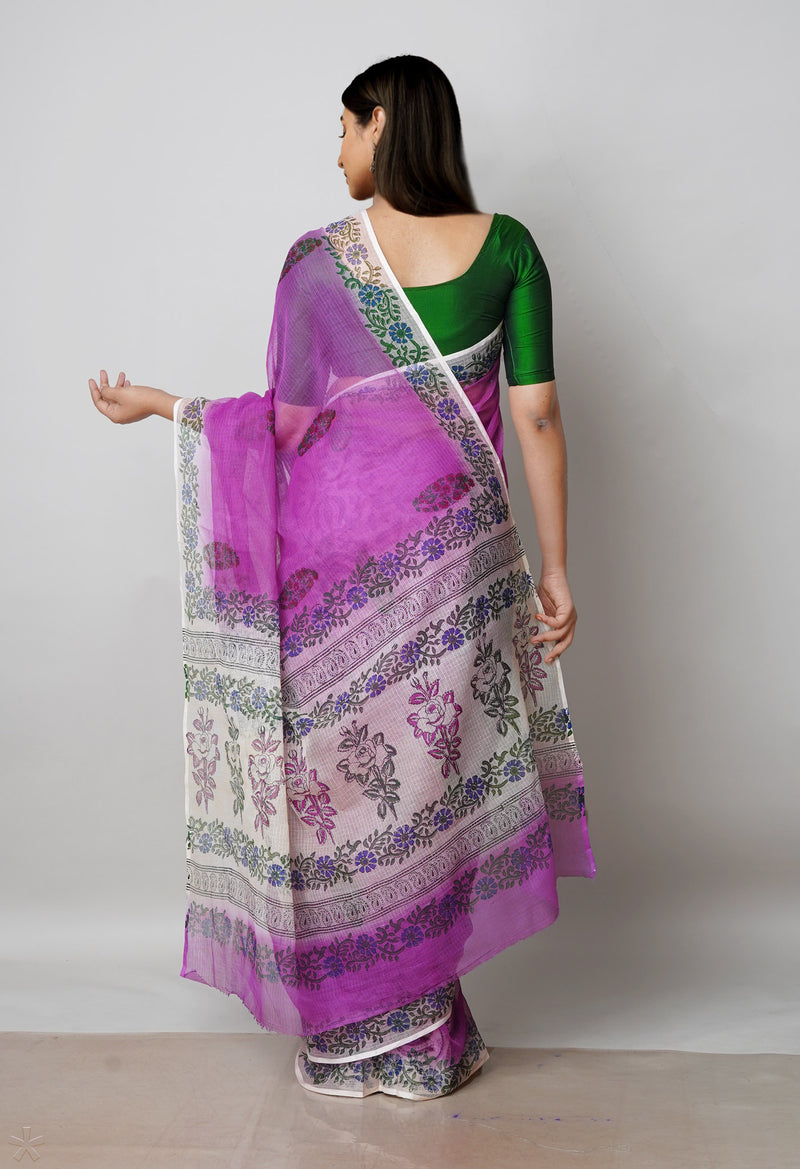 Purple Pure Block Printed  Kota Cotton Saree With Kalamkari Blouse Piece-UNM72983