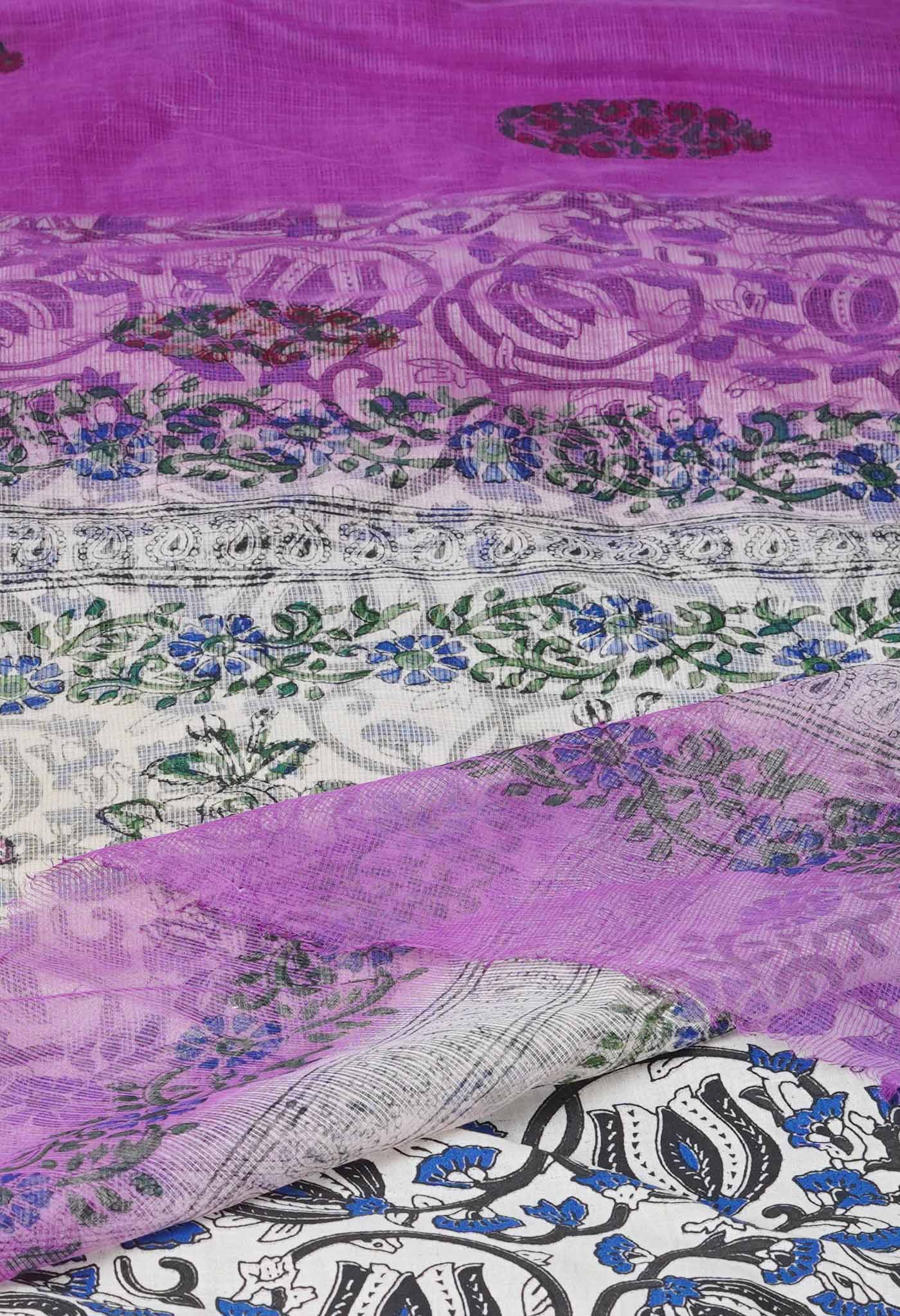 Purple Pure Block Printed  Kota Cotton Saree With Kalamkari Blouse Piece