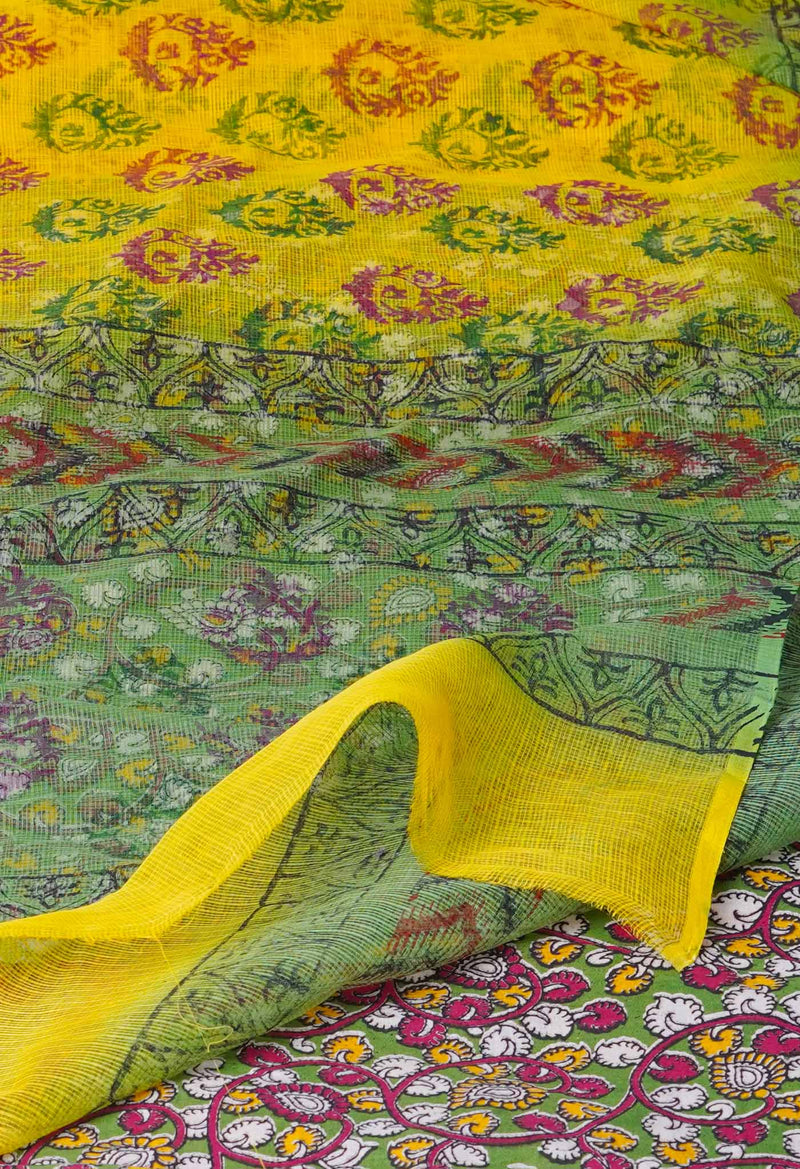 Yellow Pure Block Printed  Kota Cotton Saree With Kalamkari Blouse Piece-UNM72984
