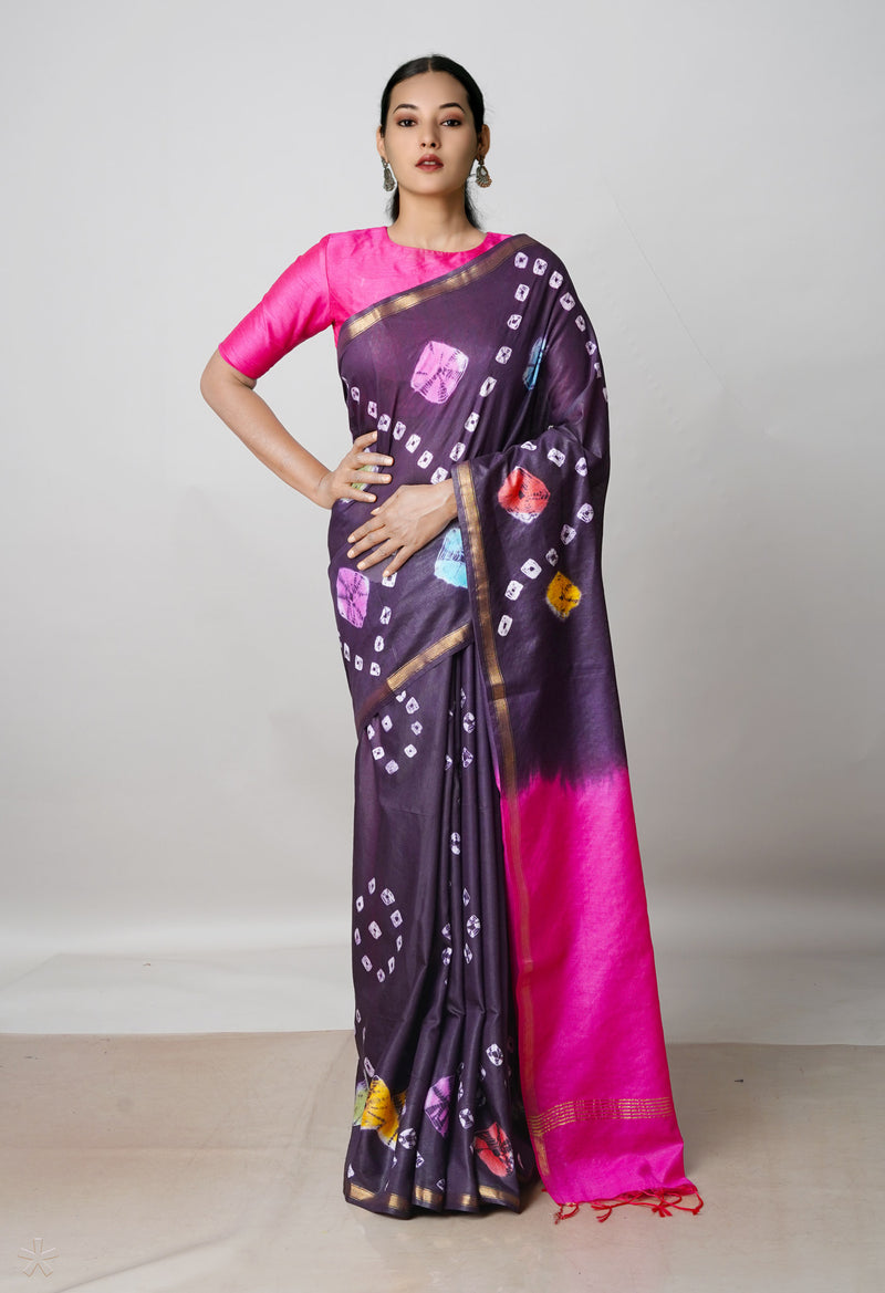 Dark Purple-Pink  Batik Printed Chanderi Sico Saree-UNM72988