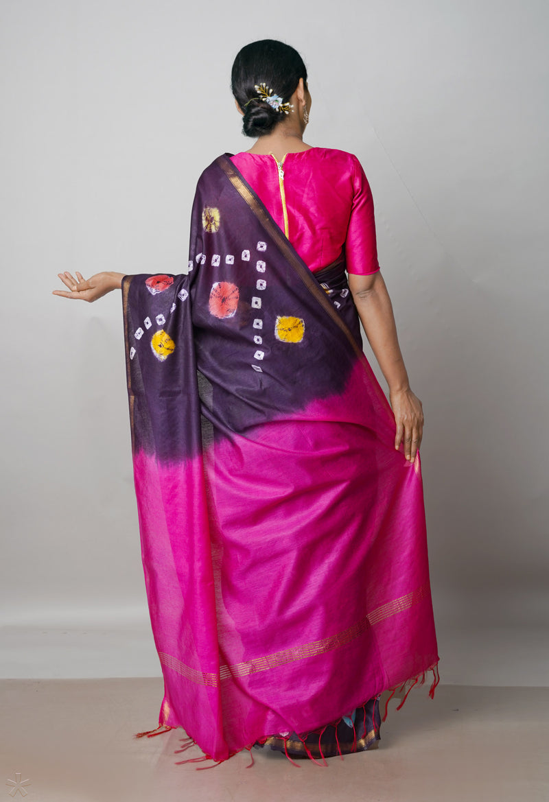 Dark Purple-Pink  Batik Printed Chanderi Sico Saree-UNM72988