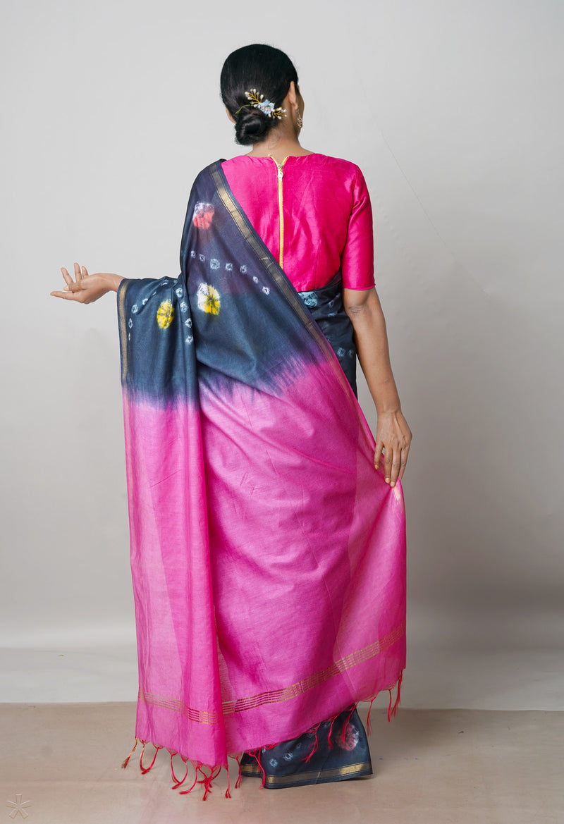 Pewter Grey-Pink  Batik Printed Chanderi Sico Saree-UNM72989