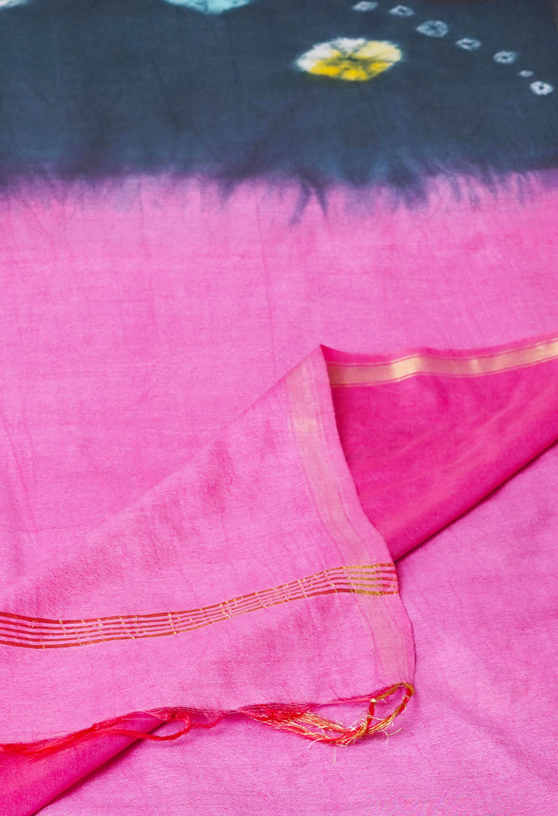 Pewter Grey-Pink  Batik Printed Chanderi Sico Saree-UNM72989