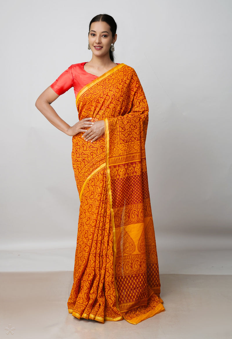 Sepia Brown  Art Chanderi Bagh Printed Cotton Saree-UNM72996