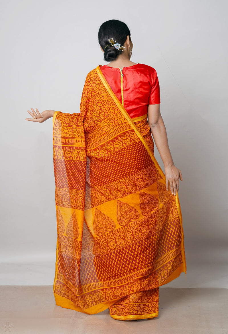 Sepia Brown  Art Chanderi Bagh Printed Cotton Saree-UNM72996