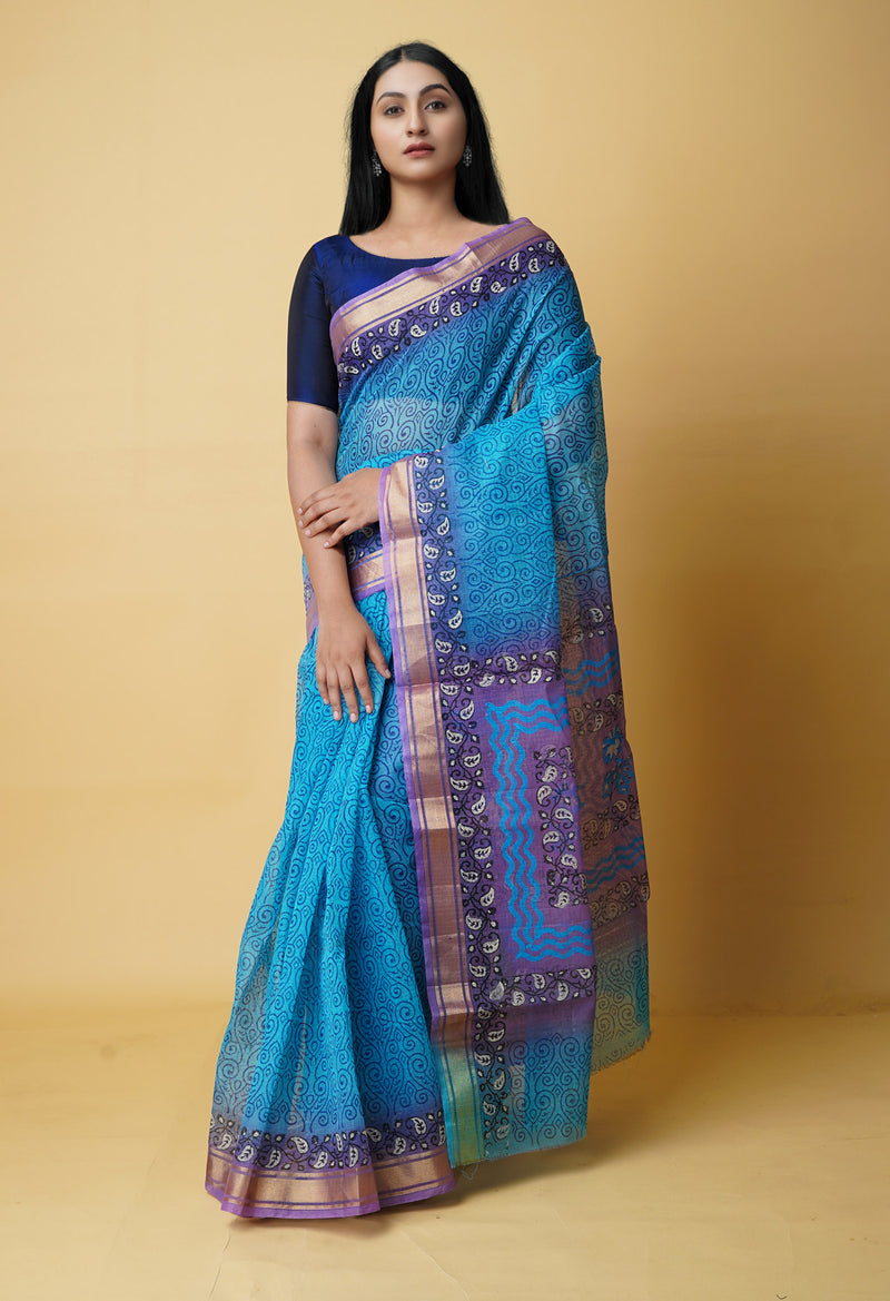 Blue Pure  Block Printed  Kota  Cotton Saree-UNM72997