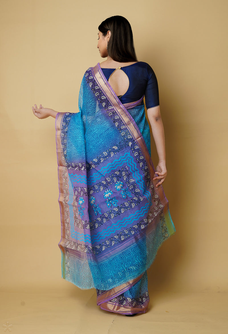 Blue Pure  Block Printed  Kota  Cotton Saree-UNM72997