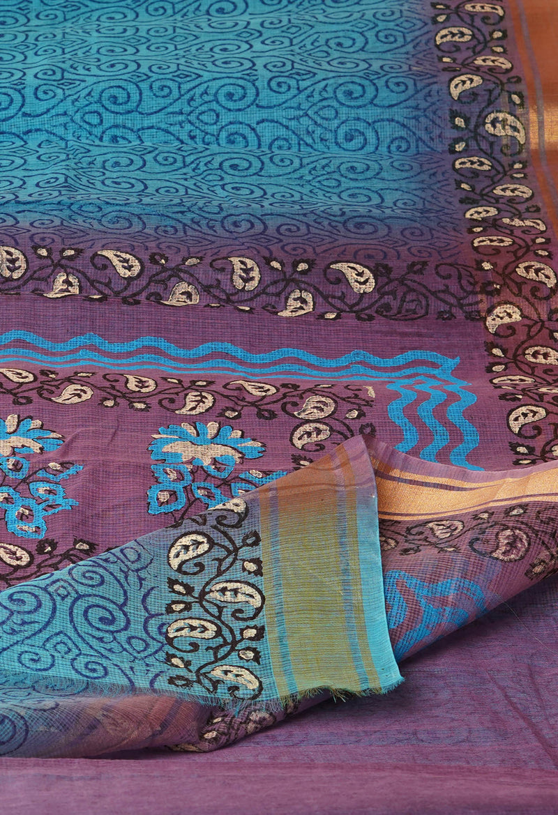 Blue Pure  Block Printed  Kota  Cotton Saree-UNM72997
