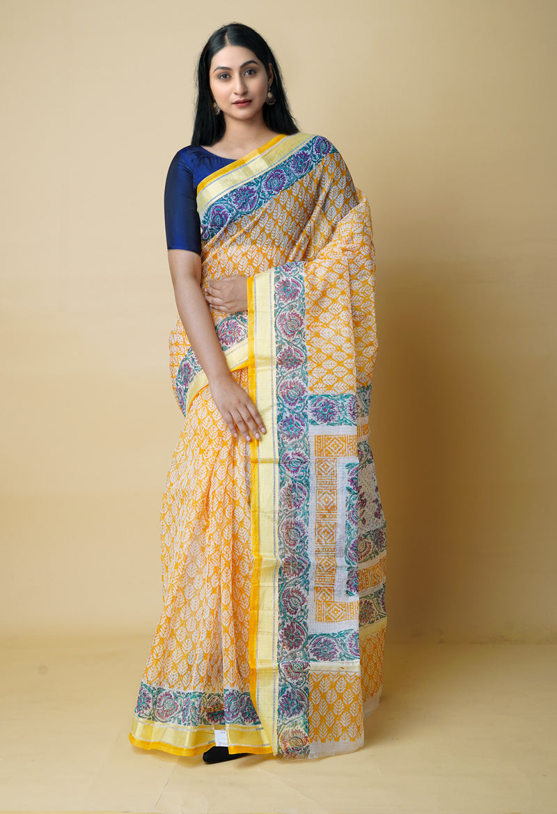Yellow Pure  Block Printed  Kota  Cotton Saree-UNM72999