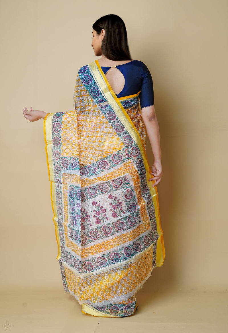 Yellow Pure  Block Printed  Kota  Cotton Saree-UNM72999