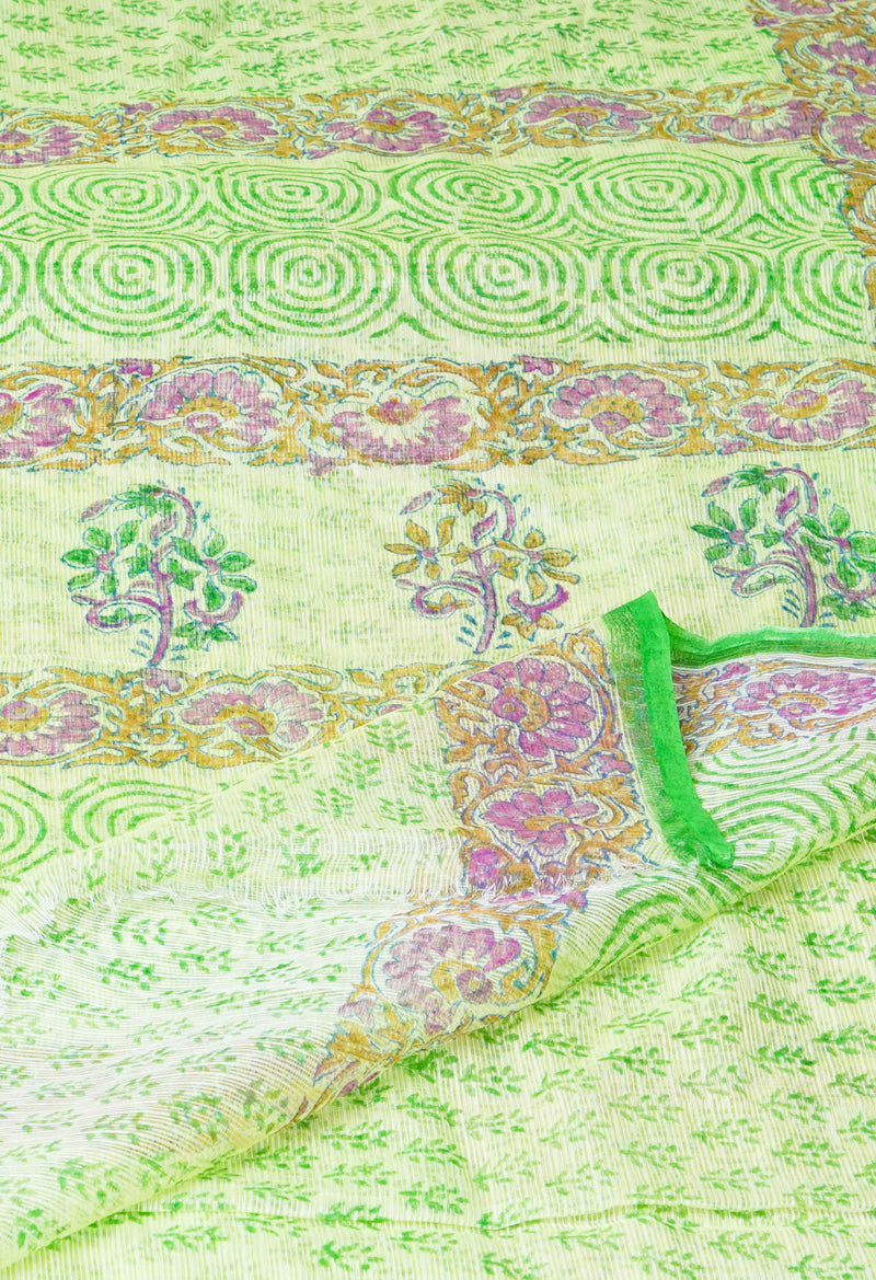 Green Pure  Block Printed  Kota  Cotton Saree-UNM73009