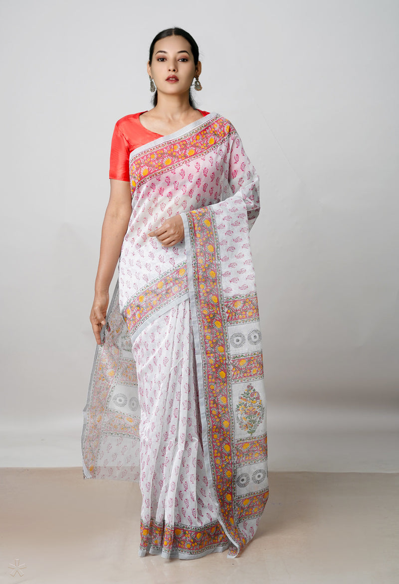Pale Grey  Block Printed Meghalaya Checks Supernet Saree-UNM73010