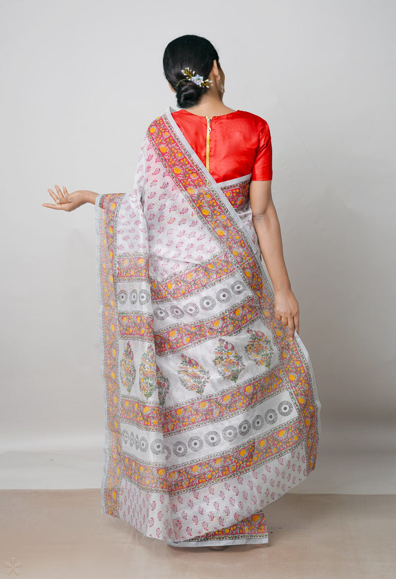 Pale Grey  Block Printed Meghalaya Checks Supernet Saree-UNM73010