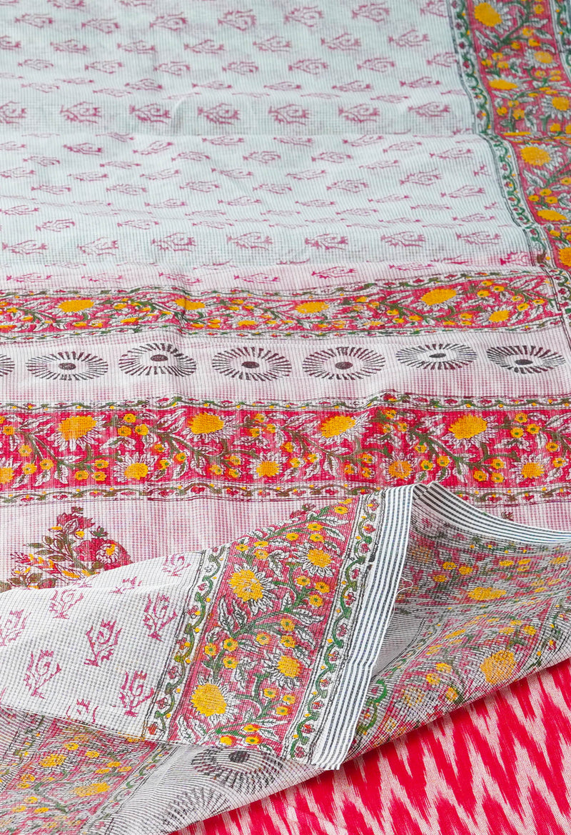 Pale Grey  Block Printed Meghalaya Checks Supernet Saree-UNM73010