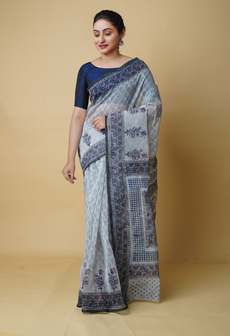 Pale Grey  Block Printed Meghalaya Checks Supernet Saree-UNM73011