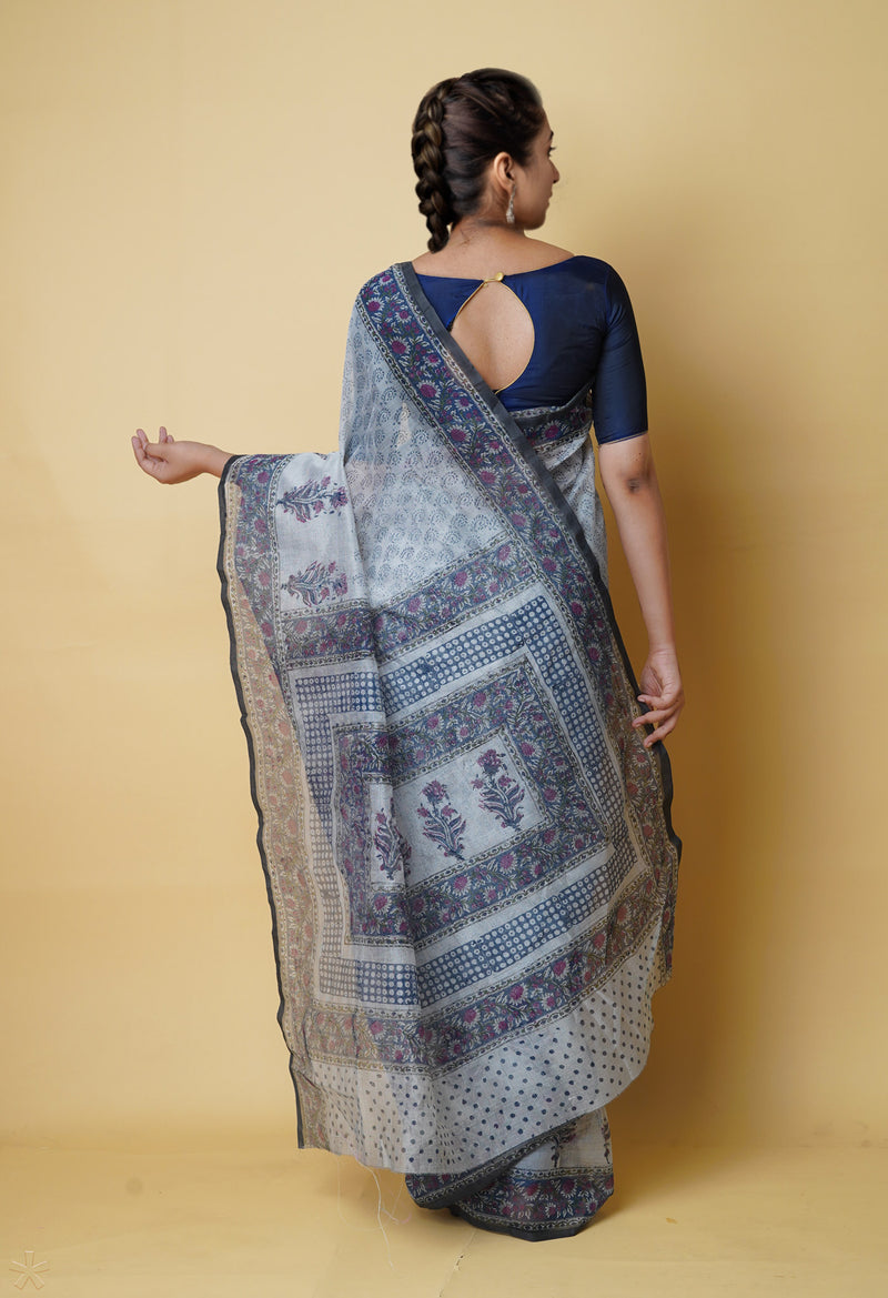 Pale Grey  Block Printed Meghalaya Checks Supernet Saree-UNM73011