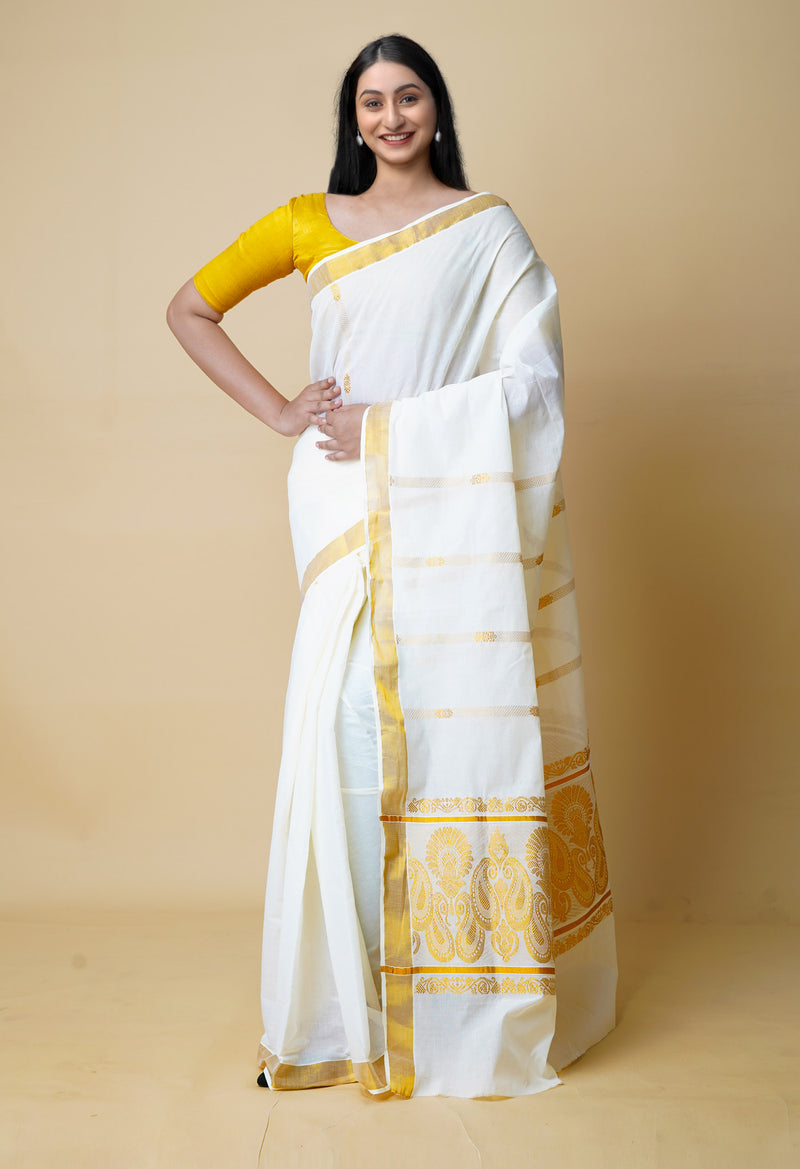 Ivory Pure  Kerala Kasavu Cotton Saree-UNM73039