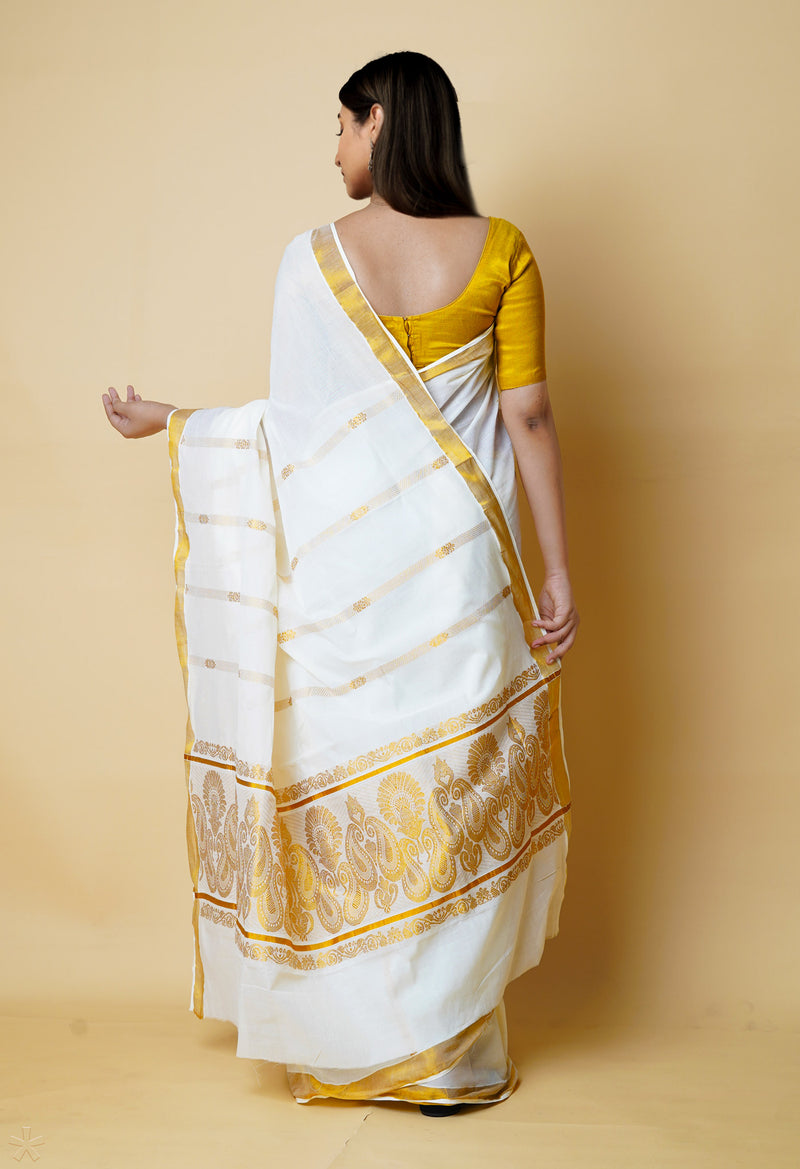 Ivory Pure  Kerala Kasavu Cotton Saree-UNM73039