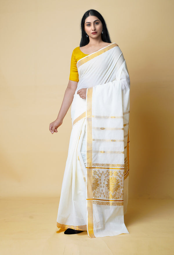 Ivory Pure  Kerala Kasavu Cotton Saree-UNM73040