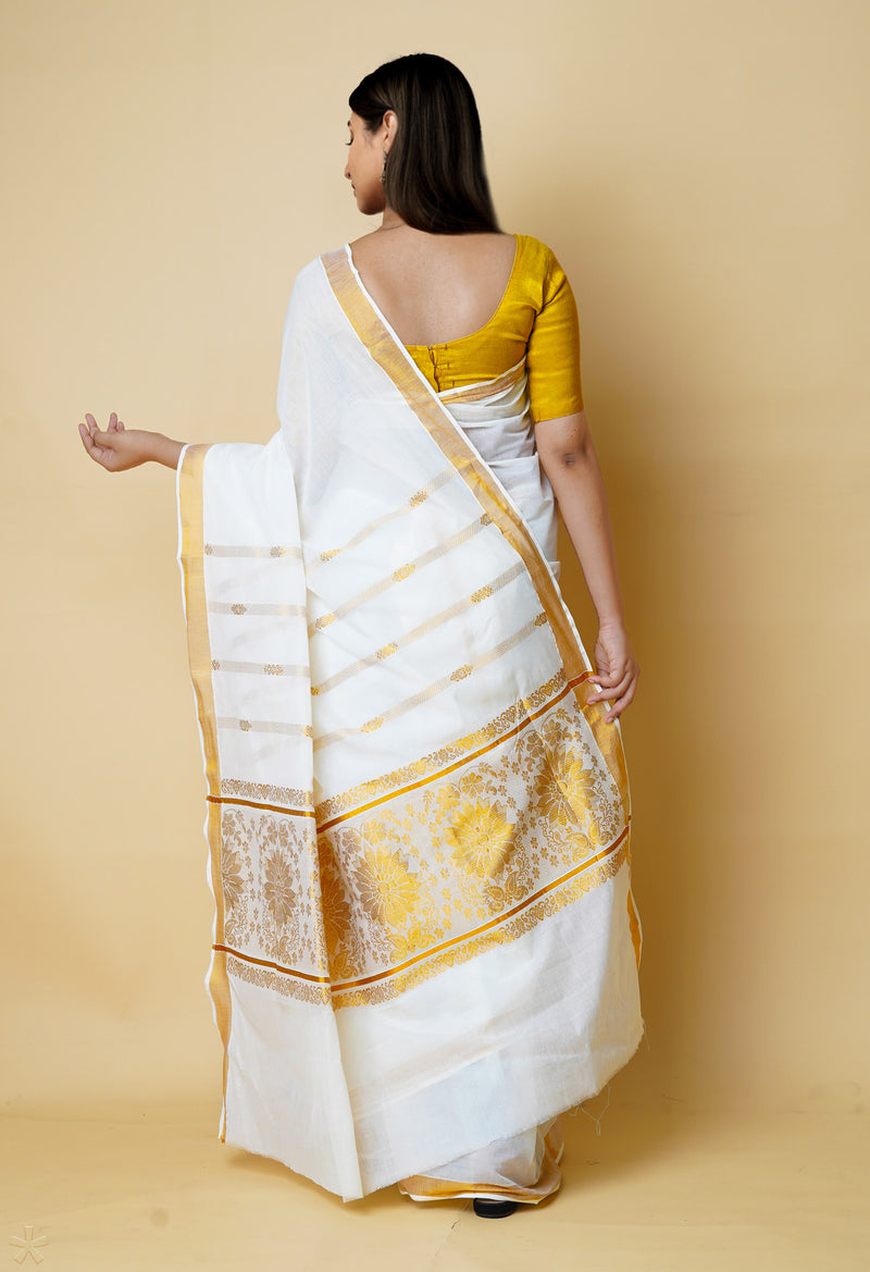 Ivory Pure  Kerala Kasavu Cotton Saree-UNM73040