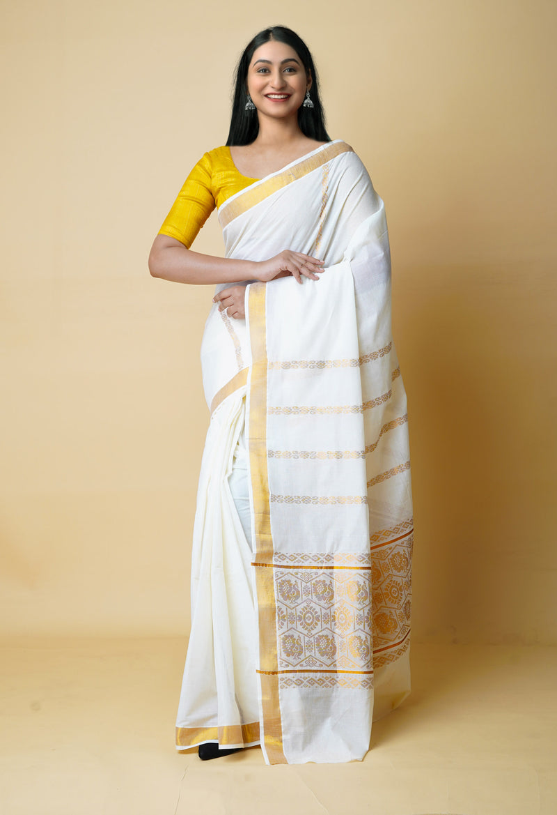 Ivory Pure  Kerala Kasavu Cotton Saree-UNM73041