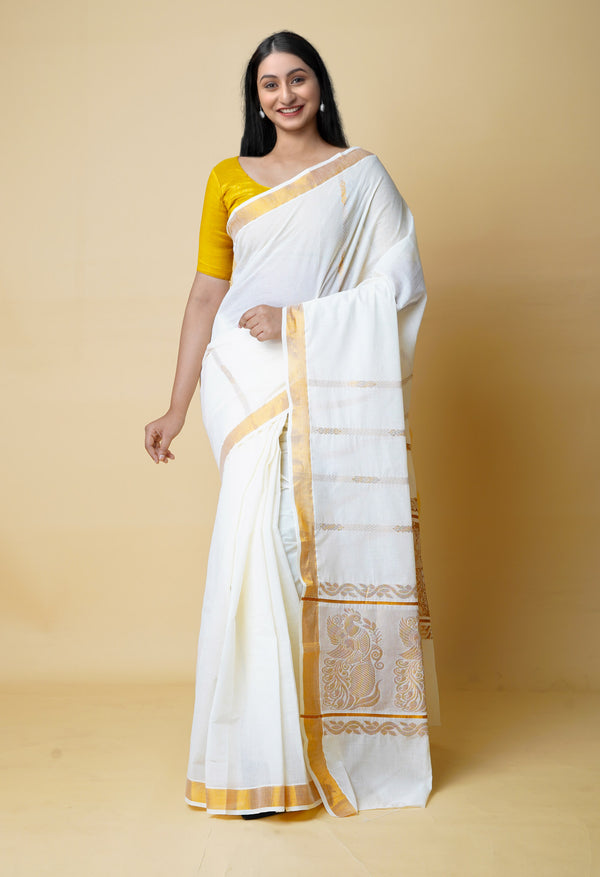 Ivory Pure  Kerala Kasavu Cotton Saree-UNM73042