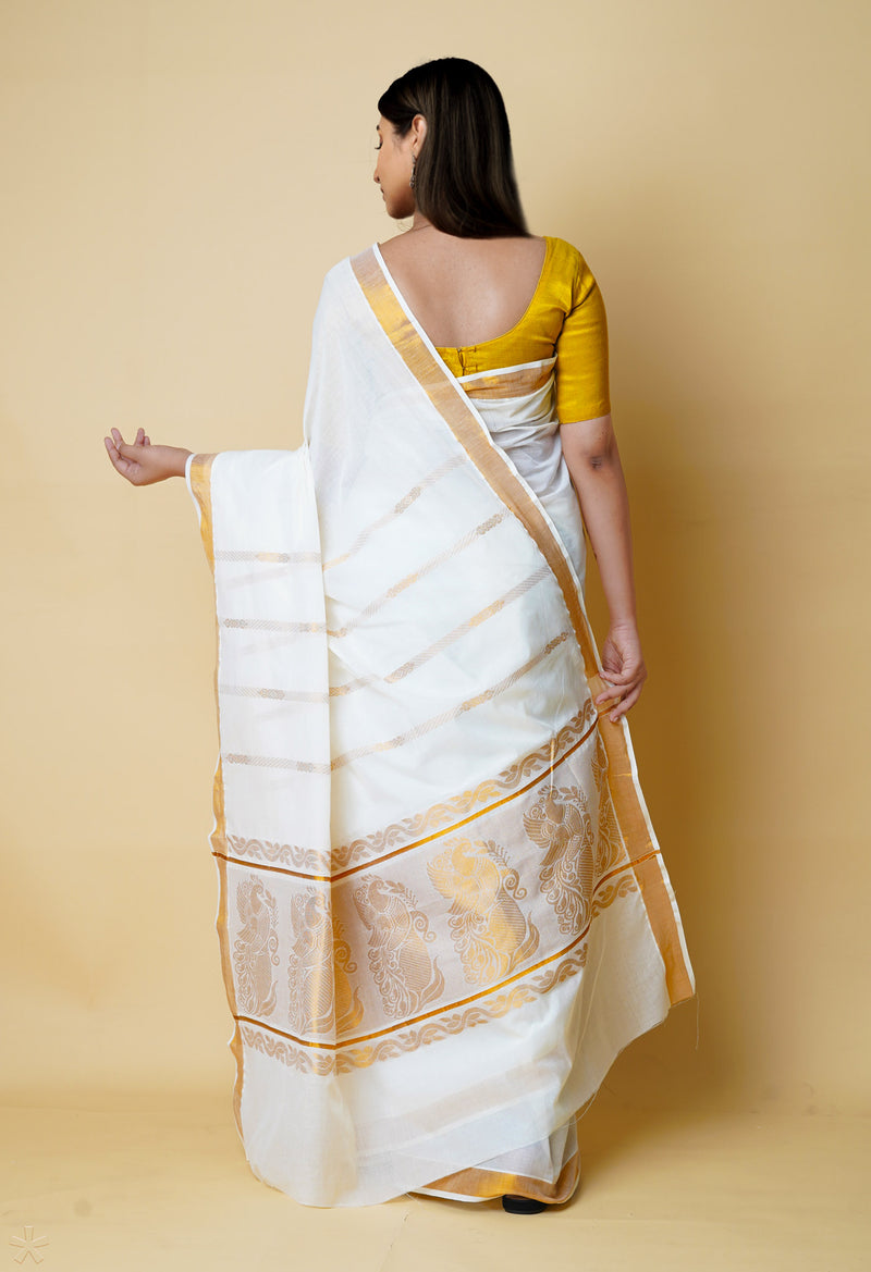 Ivory Pure  Kerala Kasavu Cotton Saree-UNM73042