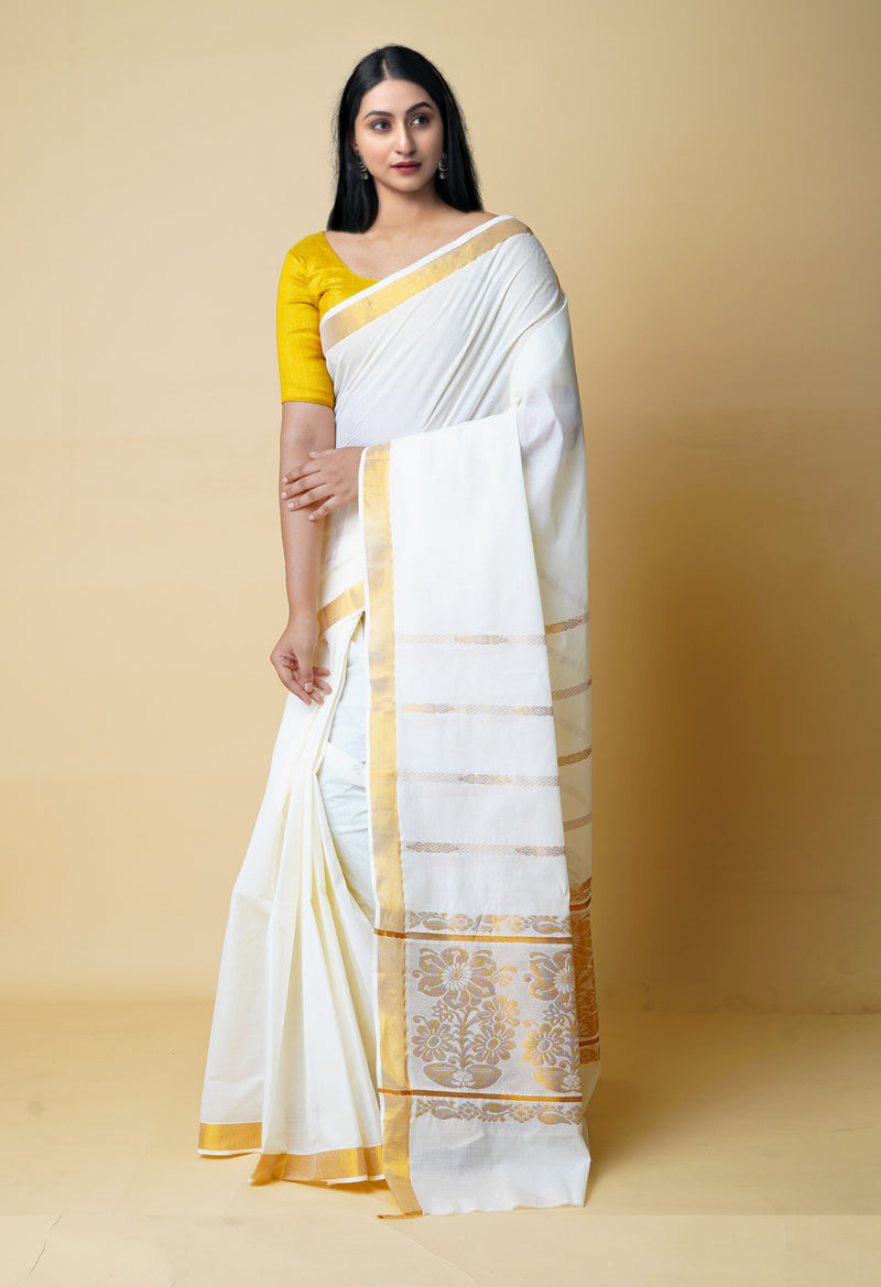 Ivory Pure  Kerala Kasavu Cotton Saree-UNM73043