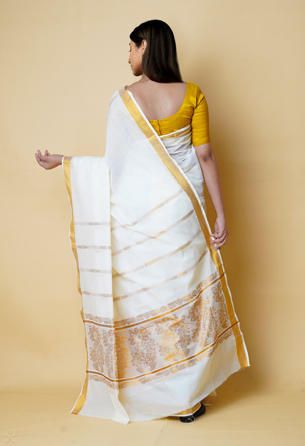 Ivory Pure  Kerala Kasavu Cotton Saree-UNM73043