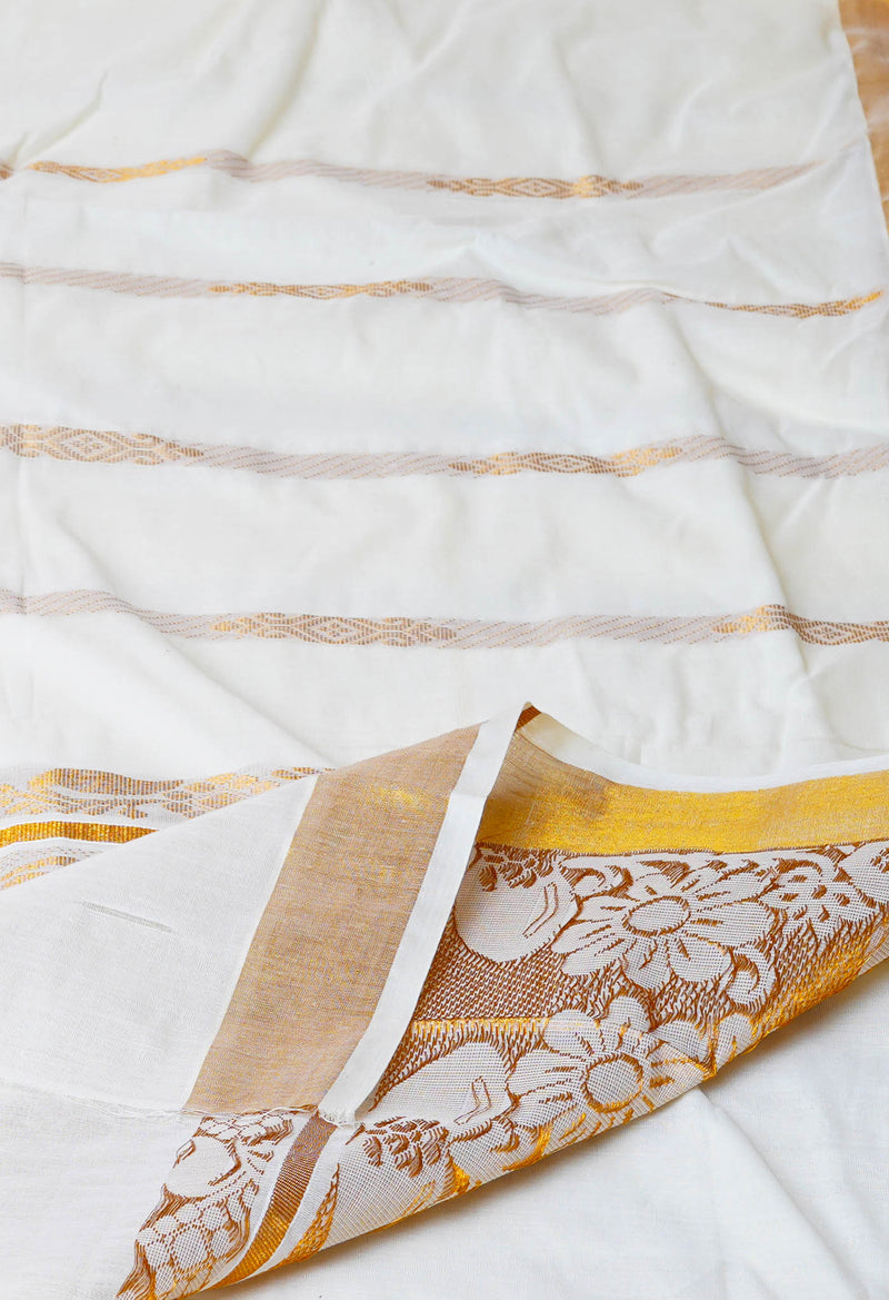 Ivory Pure  Kerala Kasavu Cotton Saree-UNM73043