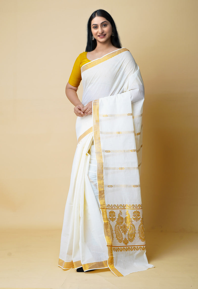 Ivory Pure  Kerala Kasavu Cotton Saree-UNM73044