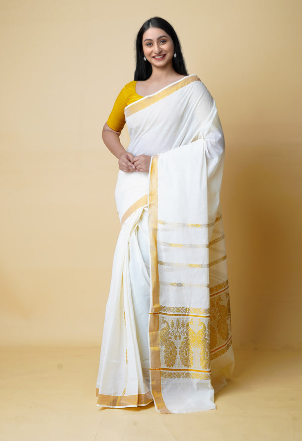 Ivory Pure  Kerala Kasavu Cotton Saree-UNM73045