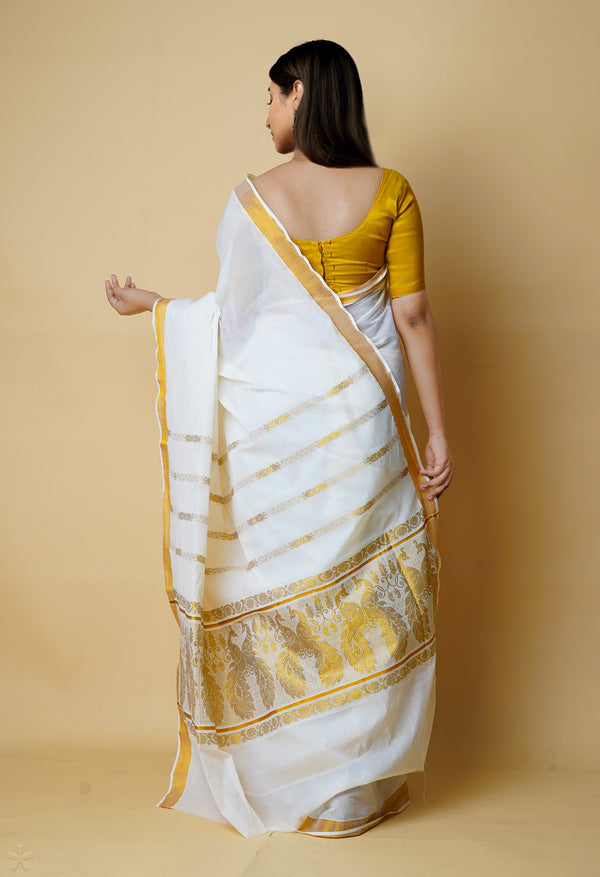 Ivory Pure  Kerala Kasavu Cotton Saree-UNM73045