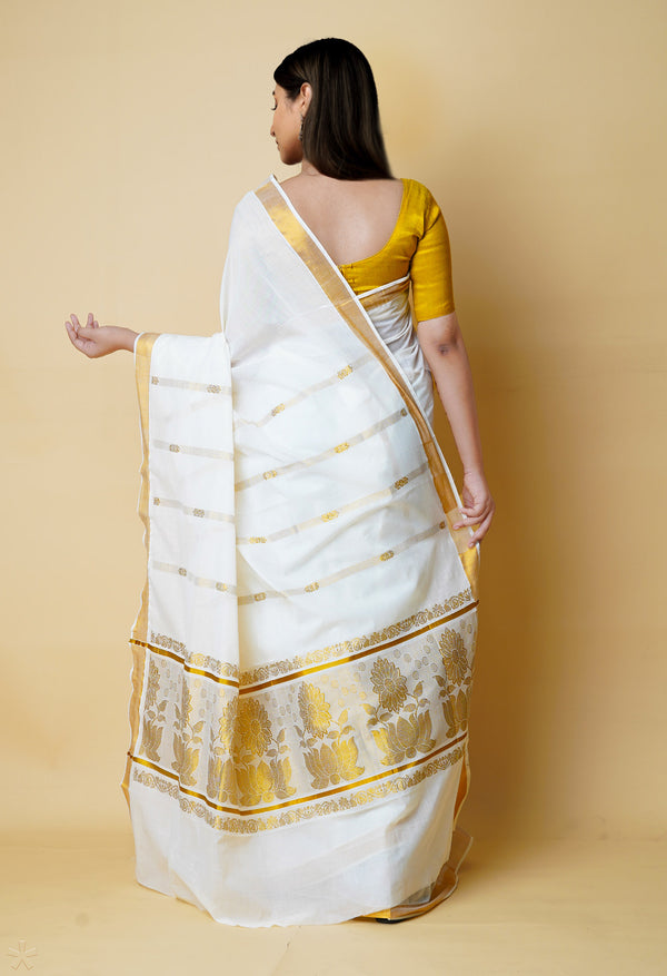 Ivory Pure  Kerala Kasavu Cotton Saree-UNM73046