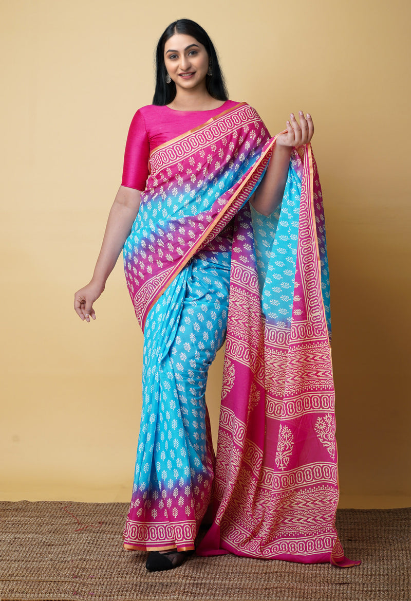Blue-Pink Pure  Contrast Dye Discharge Hand Block Printed Superfine Mulmul Cotton Saree-UNM73093