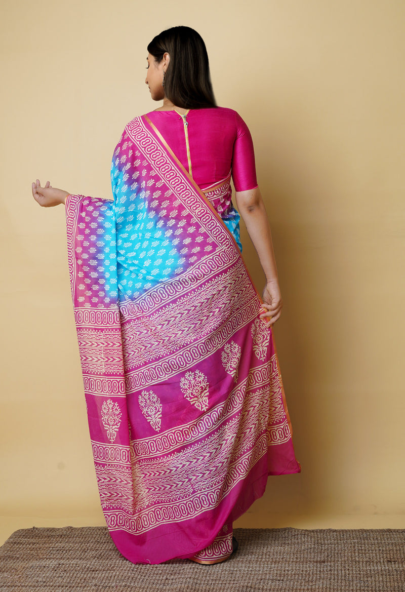 Blue-Pink Pure  Contrast Dye Discharge Hand Block Printed Superfine Mulmul Cotton Saree-UNM73093
