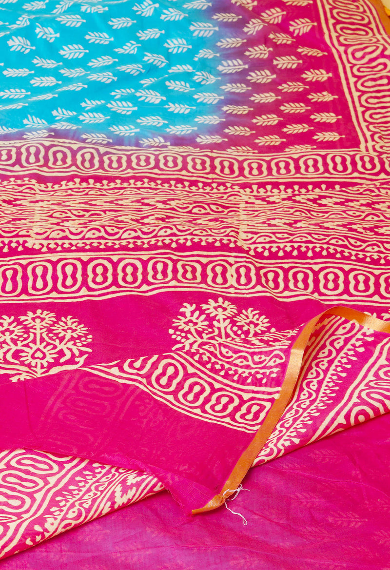 Blue-Pink Pure  Contrast Dye Discharge Hand Block Printed Superfine Mulmul Cotton Saree-UNM73093