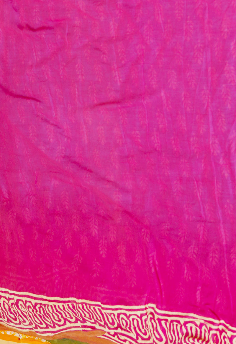 Blue-Pink Pure  Contrast Dye Discharge Hand Block Printed Superfine Mulmul Cotton Saree-UNM73093
