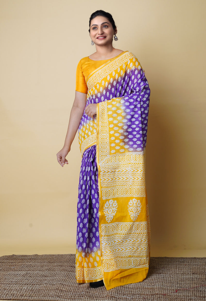 Indigo Blue-Yellow Pure  Contrast Dye Discharge Hand Block Printed Superfine Mulmul Cotton Saree-UNM73094