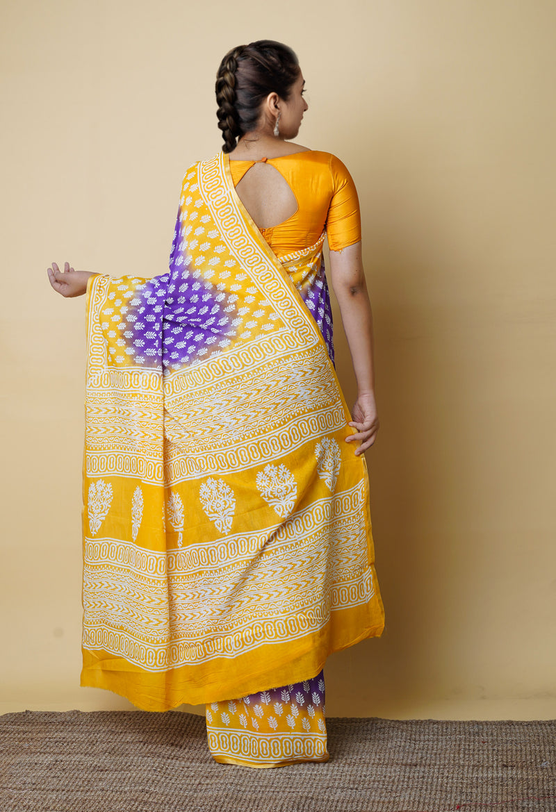 Indigo Blue-Yellow Pure  Contrast Dye Discharge Hand Block Printed Superfine Mulmul Cotton Saree-UNM73094