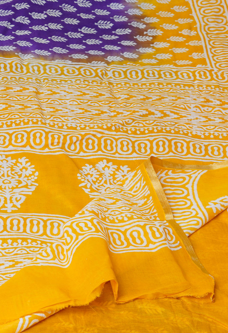 Indigo Blue-Yellow Pure  Contrast Dye Discharge Hand Block Printed Superfine Mulmul Cotton Saree-UNM73094