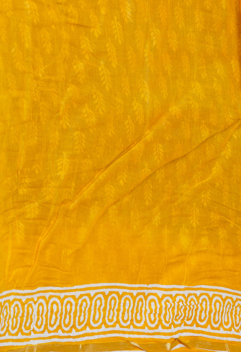 Indigo Blue-Yellow Pure  Contrast Dye Discharge Hand Block Printed Superfine Mulmul Cotton Saree-UNM73094