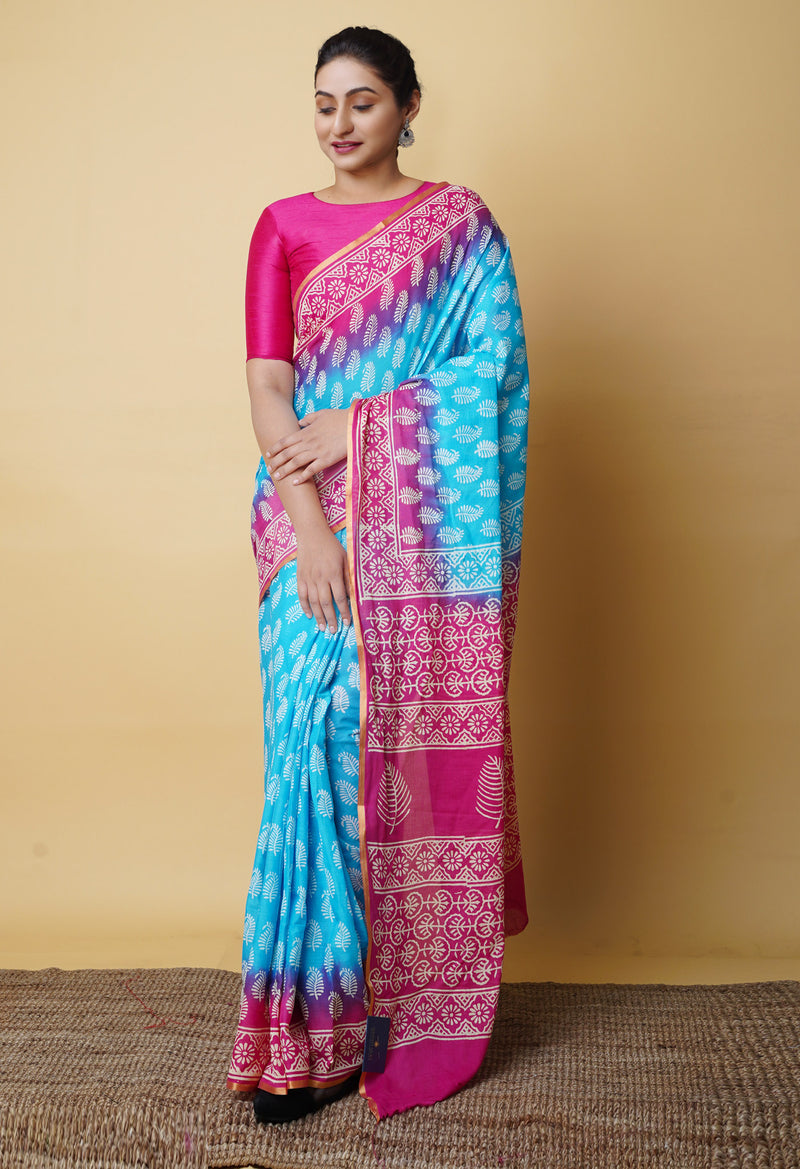 Blue-Pink Pure  Contrast Dye Discharge Hand Block Printed Superfine Mulmul Cotton Saree-UNM73095
