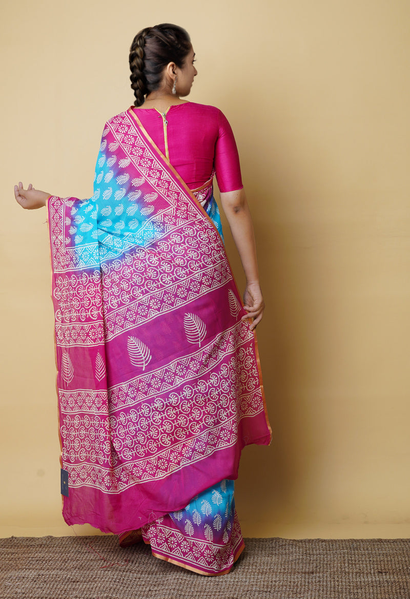 Blue-Pink Pure  Contrast Dye Discharge Hand Block Printed Superfine Mulmul Cotton Saree-UNM73095